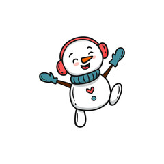 Funny snowman with a scarf. Doodle style. Christmas card with cute cartoon snowman. Vector