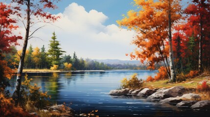  a painting of a lake surrounded by trees with orange and yellow leaves in the foreground and a blue sky with clouds in the background.  generative ai