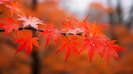  a close up of a tree branch with water droplets on it and a blurry background of trees in the background.  generative ai