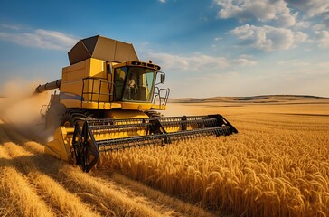 Fototapeta premium Golden Harvest: Combine at Work in Wheat Field. Generative ai