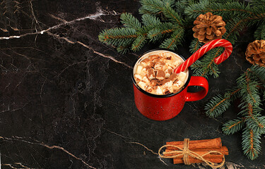 Christmas alcoholic or non-alcoholic chocolate cocktail with marshmallows and cinnamon, warming winter drink in the cold season on a concrete background, Christmas holiday grog, eggnog, 