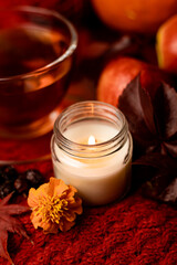 Obraz na płótnie Canvas Autumn arrangement of pumpkins, apples, tea and candles