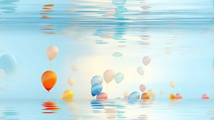 Fotobehang  a group of balloons floating in the air over a body of water with a sky reflection in the water behind them.  generative ai © Anna