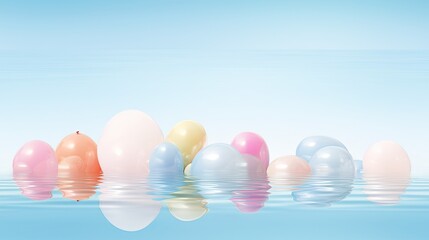  a group of balloons floating on top of a body of water with a blue sky in the backround.  generative ai
