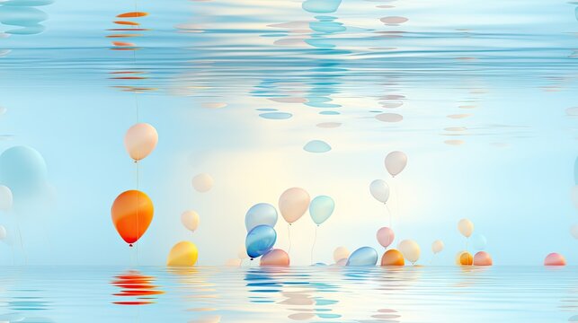  a group of balloons floating in the air over a body of water with a sky reflection in the water behind them.  generative ai