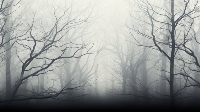  a black and white photo of a foggy forest with trees in the foreground and no leaves on the trees in the foreground.  generative ai