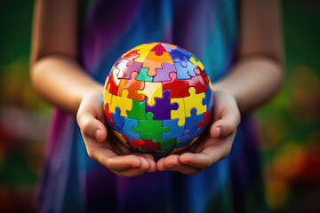 Girl holding rainbow colored puzzle Earth globe in her hands