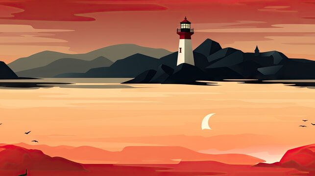  a painting of a lighthouse in the middle of a body of water with mountains in the background and a full moon in the sky.  generative ai