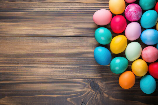 Colored Easter eggs on a wooden background