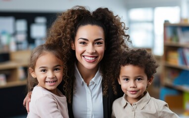 Happy female teacher with children