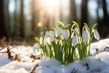 Beautiful white snowdrop flowers blossoming outdoors in snow - obrazy, fototapety, plakaty