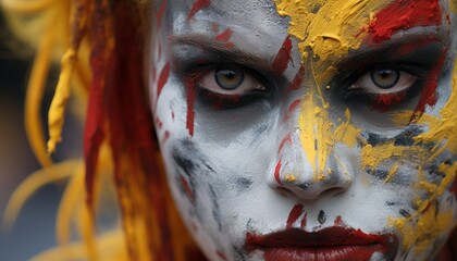 a serious-looking, heavily made-up woman in close-up, white, red and yellow make-up all over her face, red-yellow hair