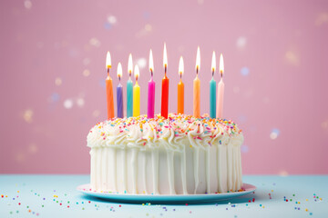 Fresh delicious birthday cake with candles on table