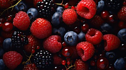  berries, raspberries, blueberries and raspberries are arranged in a close up pattern on a black background.  generative ai