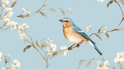  a painting of a blue bird sitting on a branch of a tree with white flowers on a light blue background.  generative ai