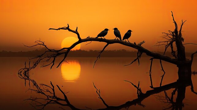  a group of birds sitting on top of a tree branch in front of a lake with a sunset in the background.  generative ai