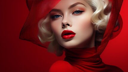blond woman with red lips ai generated - obrazy, fototapety, plakaty