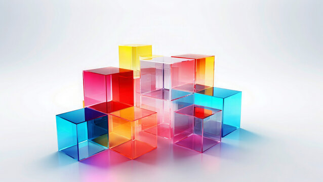 Fototapeta Geometric stacked colorful and transparent cubes or blocks isolated on white background, 3d effect 