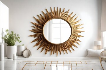 sunburst mirror with radiating beams on a white wall