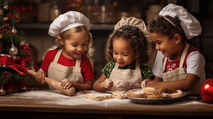 Group of kids are preparing the bakery in the kitchen .Children learning to cooking cookies in winter holidays season. - obrazy, fototapety, plakaty