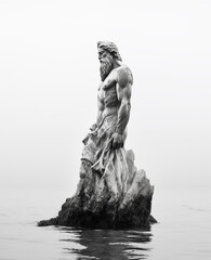 Estatuas Antiguas en el Agua Calma: Una Impresionante Escena que Combina Temas Religiosos y de Mitología Griega, donde las Viejas Estatuas de Mármol y Piedra se Reflejan en el Horizonte, Fotografiadas