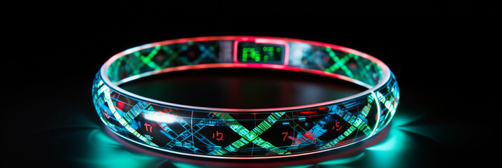 A Möbius strip made of reflective chrome, lit with neon lights showing integral signs, equations and Greek letters reflected in its surface