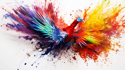 Rainbow painted bird with 3D effect. Mythical firebird from a children's fairy tale.