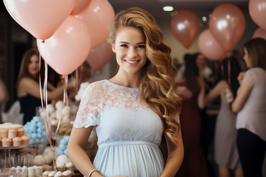 Happy young pregnant woman celebrating baby shower party with female friends.