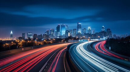 Long-exposure, night-time capture of a busy six-lane highway with light trails, overlooking a sprawling city. Cool color temperature, elevated vantage point