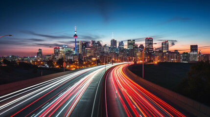 Fototapeta na wymiar Long-exposure, night-time capture of a busy six-lane highway with light trails, overlooking a sprawling city. Cool color temperature, elevated vantage point