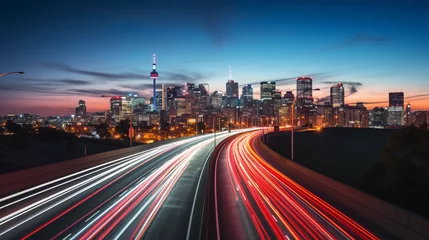 Ingelijste posters Long-exposure, night-time capture of a busy six-lane highway with light trails, overlooking a sprawling city. Cool color temperature, elevated vantage point © Marco Attano