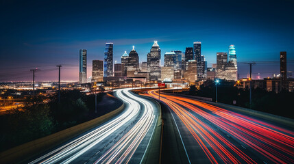 Fototapeta na wymiar Long-exposure, night-time capture of a busy six-lane highway with light trails, overlooking a sprawling city. Cool color temperature, elevated vantage point