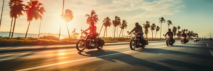 Motorcycle gang cruising down a coastal highway, palm trees and ocean in the backdrop, late...