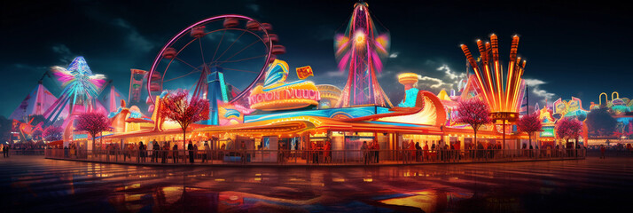 neon-lit amusement park at night, dazzling light trails from the rides, colorful fireworks in the sky, kids winning prizes at the carnival games - obrazy, fototapety, plakaty