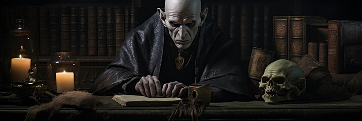 ancient vampire, surrounded by tomes, scrolls, and artifacts, wearing regal robes, medium shot, heavy textures, dramatic side lighting