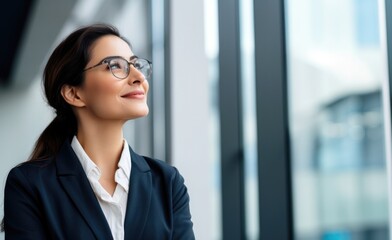 wealthy female corporate manager looking away with optimism thinking in future investments 