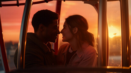 Romantic couple sharing a moment in a slowly rotating Ferris wheel gondola, overlooking the busy amusement park, lit by the pink hues of the setting sun