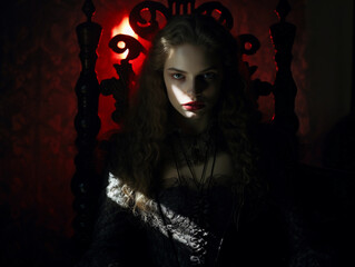Victorian-era female vampire, penetrating red eyes, porcelain skin, blood-red lips, lace collar, seated on an ornate gothic throne