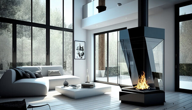 Modernes Wohnzimmer mit Kamin Filter zur Luftreinigung Rauchgas von Kamin Zulassung Schornsteinfeger Verbrennung Ofen Generative AI 
