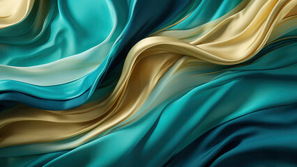 Colored soft silk or satin laying in waves and curves in 3d, turquoise, white, gold, luxury smooth...