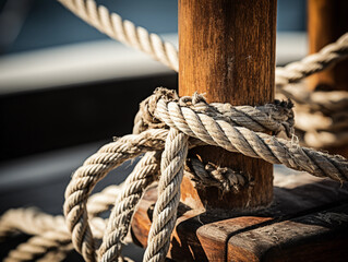 sailing ropes and a wooden pulley system on a vintage sailboat, textures emphasized, natural light, high contrast.