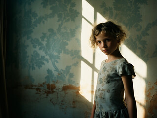 child, innocent yet eerie, playing in an old abandoned mansion, faded wallpaper, dusty furniture, soft window light casting long shadows