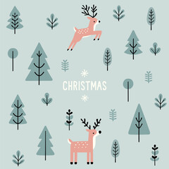 vector illustration on green background christmas trees and deer