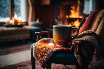 A mug of hot tea stands on a chair with a woolen blanket in a cozy living room with a fireplace. Generative Ai.