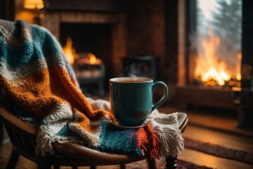 Fototapeta na wymiar A mug of hot tea stands on a chair with a woolen blanket in a cozy living room with a fireplace. Generative Ai.