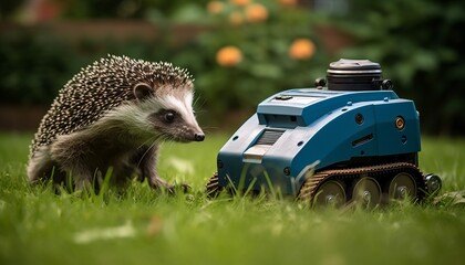 A hedgehog and a robotic lawnmower collide in the garden and the hedgehog is in danger of injuring itself - obrazy, fototapety, plakaty