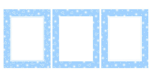 Bullet journal blank printable pages set, winter holidays card template cover design decorated with outline image stars and snowflakes, rectangular frame for Christmas, New Year invitations, cards