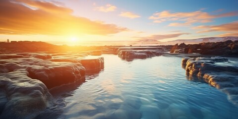 Beautiful landscape and sunset near hot spa in Iceland - Powered by Adobe