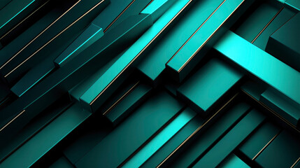 Turquoise long cuboids in metallic shining effect, laying  oblique in different layers pattern with 3d background