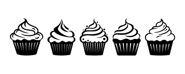 Pastry shop logo. Set of black cupcakes, muffin logo. Vector illustrations isolated on white background. Can be used as icon, sign or symbol - cupcake silhouette, cake, sweet pastries, muffin.